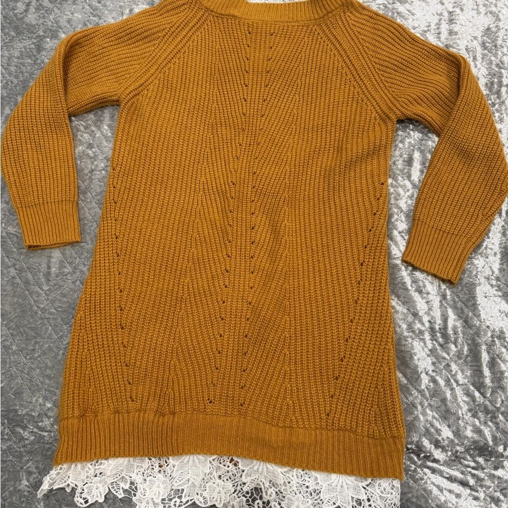 Source Unknown Mustard Long Sleeve Dress with Lace Hem